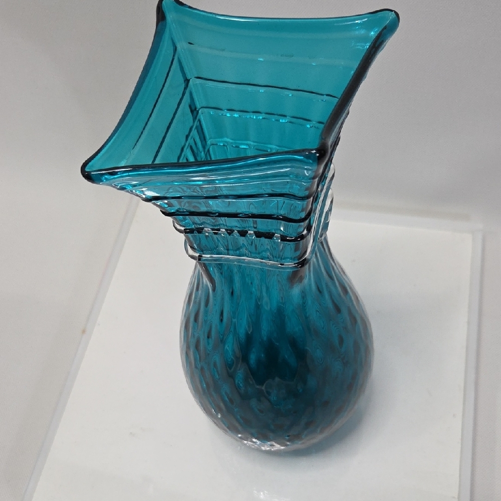 Blenko 1110 Optic Vase Seabreeze Blue 10.5" Applied Clear Swirl - Picture 7 of 7